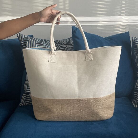 Paradise Women’s Resort Ready Woven Tote Bag Tan Blue Snap Closure Large - Picture 3 of 12